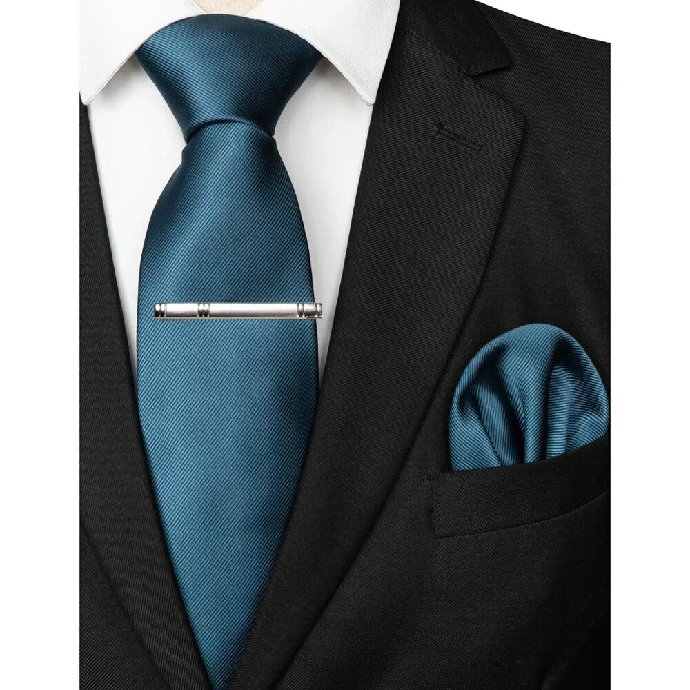 Men's Steal Blue Colour Formal Necktie and Pocket Square Tie Clip Sets